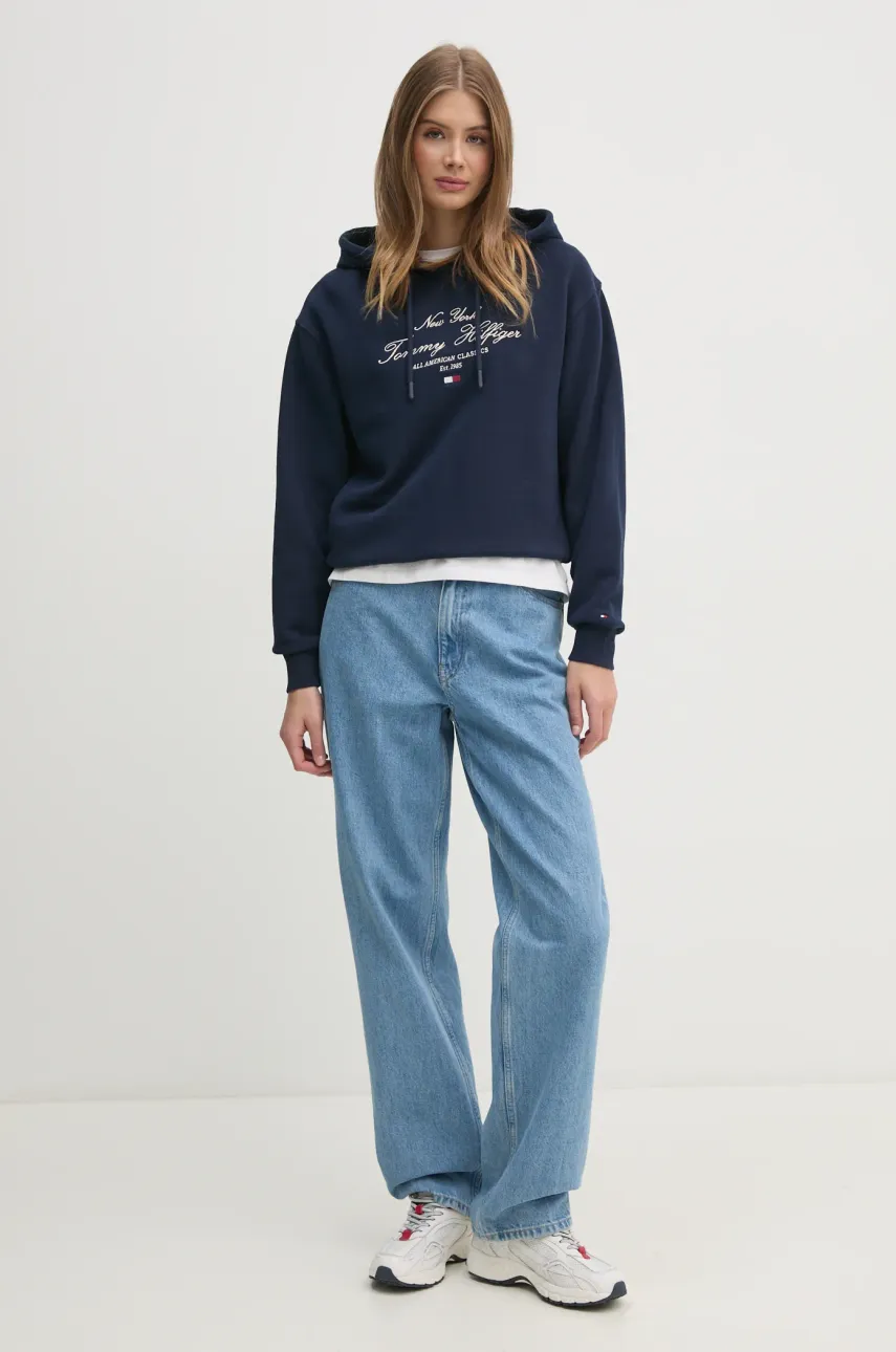 Хлопковая кофта Tommy Hilfiger женская цвет синий с капюшоном с аппликацией WW0WW43842 Хлопковая кофта Tommy Hilfiger женская цвет синий с капюшоном с аппликацией WW0WW43842
