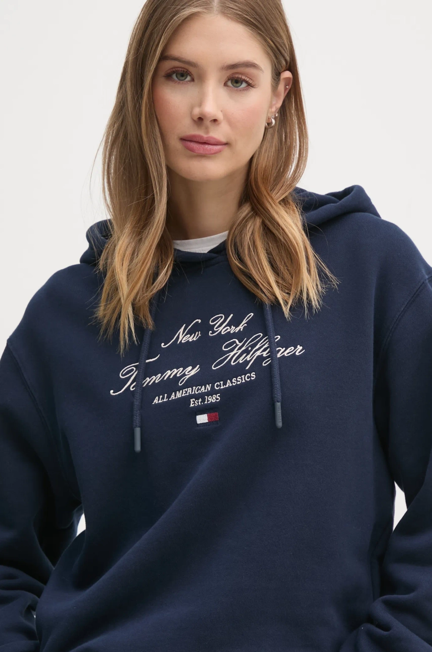 Pamučna dukserica Tommy Hilfiger za žene, boja: tamno plava, s kapuljačom, s aplikacijom, WW0WW43842