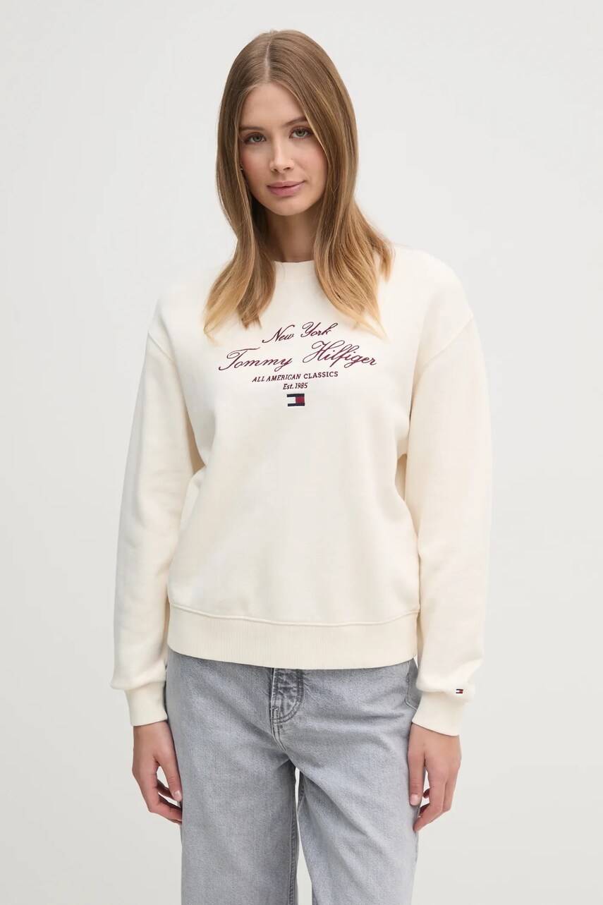Levně Mikina Tommy Hilfiger dámská, béžová barva, s aplikací, WW0WW43844
