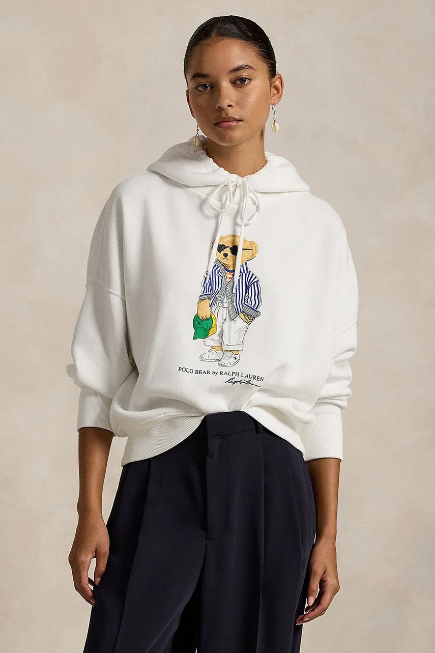 Levně Mikina Polo Ralph Lauren dámská, bílá barva, s kapucí, s potiskem, 211959115