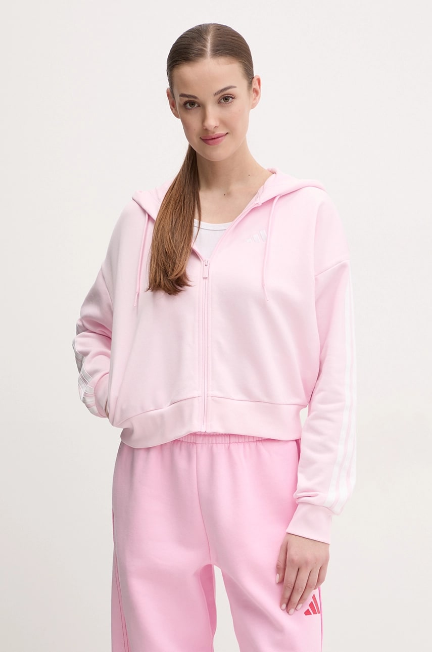adidas bluza Essentials femei, culoarea roz, cu glugă, cu imprimeu, IS6998 adidas bluza Essentials femei, culoarea roz, cu glugă, cu imprimeu, IS6998