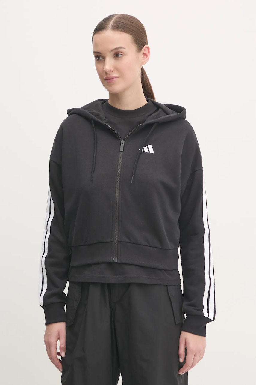 adidas bluza Essentials femei, culoarea negru, cu glugă, cu imprimeu, JE0052