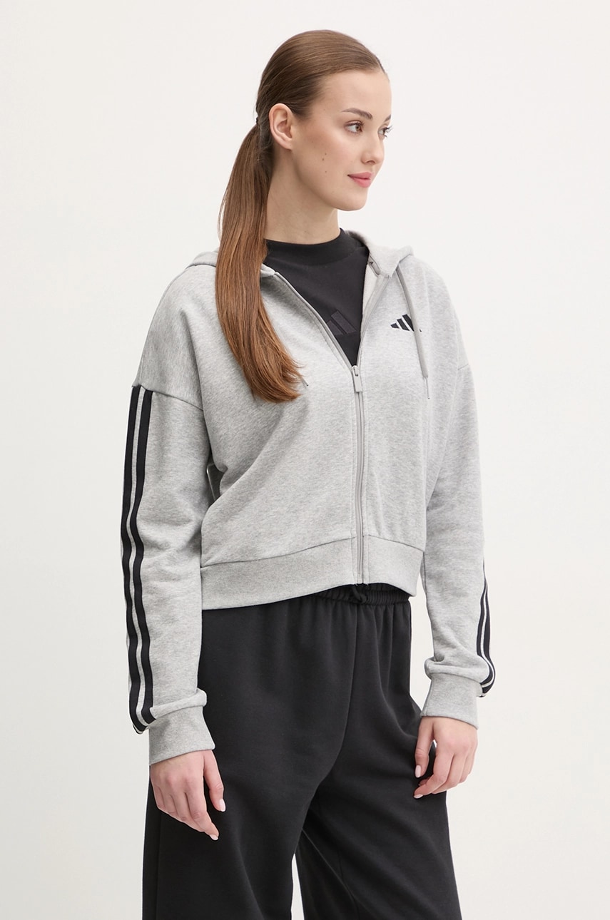 adidas bluza Essentials femei, culoarea gri, cu glugă, cu imprimeu, JE0055 adidas bluza Essentials femei, culoarea gri, cu glugă, cu imprimeu, JE0055