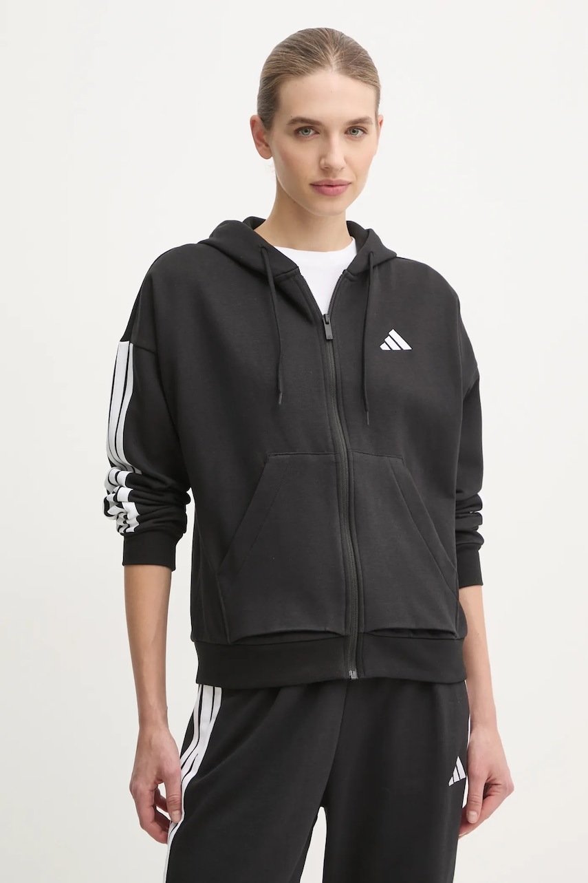 adidas bluza Essentials femei, culoarea negru, cu glugă, cu imprimeu, JE1283