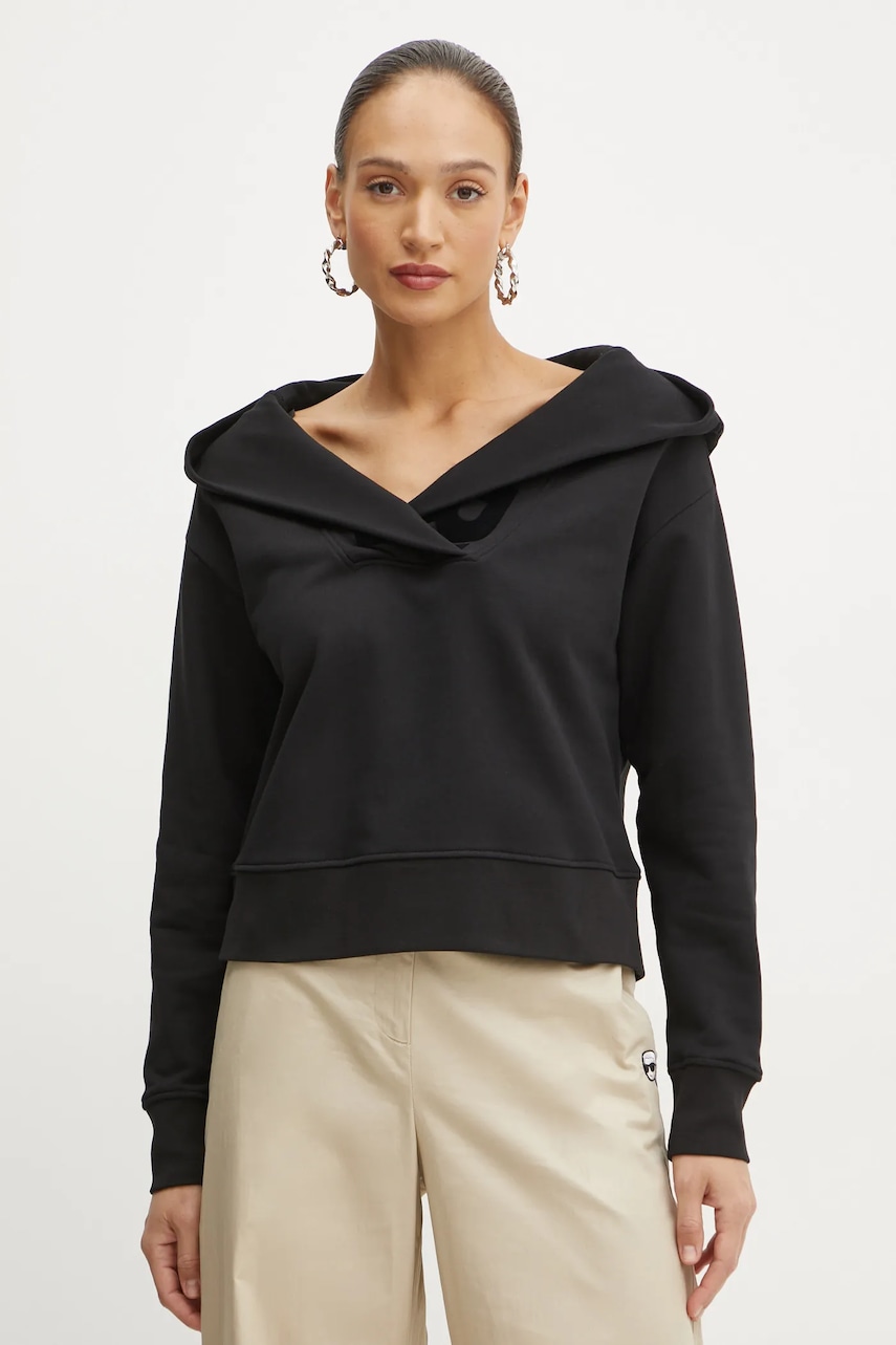 Karl Lagerfeld hanorac de bumbac femei, culoarea negru, cu glugă, cu imprimeu, A1W20064