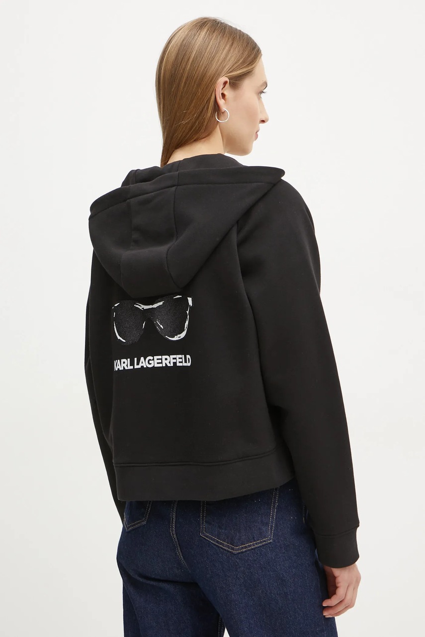 Karl Lagerfeld bluza femei, culoarea negru, cu glugă, cu imprimeu, A1W20078