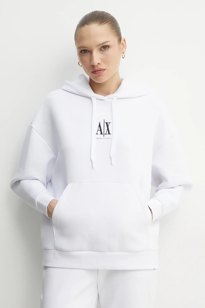 Armani Exchange bluza femei, culoarea alb, cu glugă, cu imprimeu, XW000823 AF10818