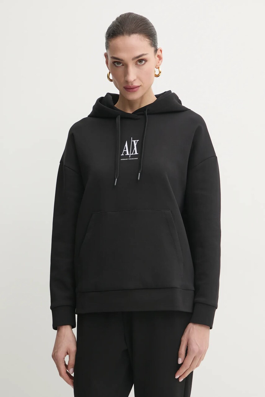 Armani Exchange bluza femei, culoarea negru, cu glugă, cu imprimeu, XW000823 AF10818