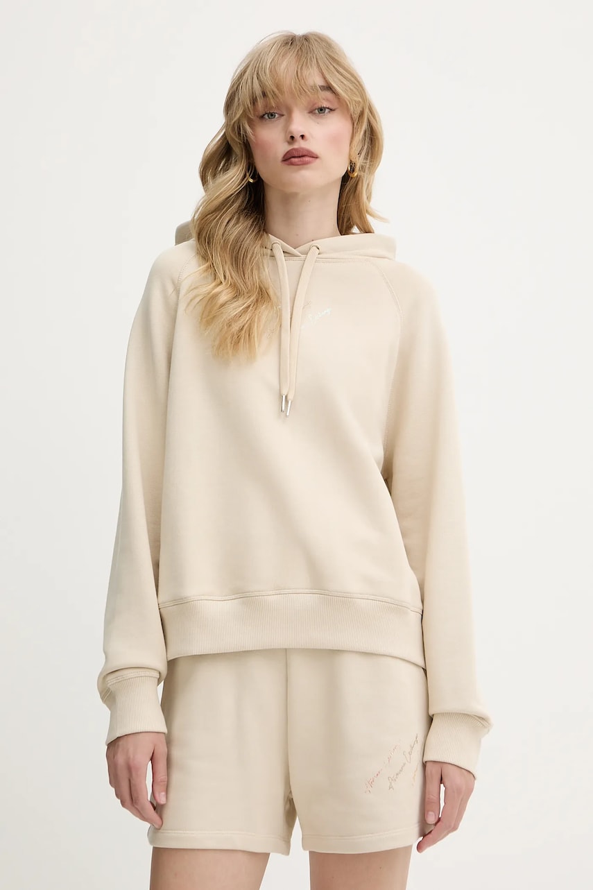 Armani Exchange bluză culoarea bej, cu glugă, cu imprimeu, XW000157 AF11852
