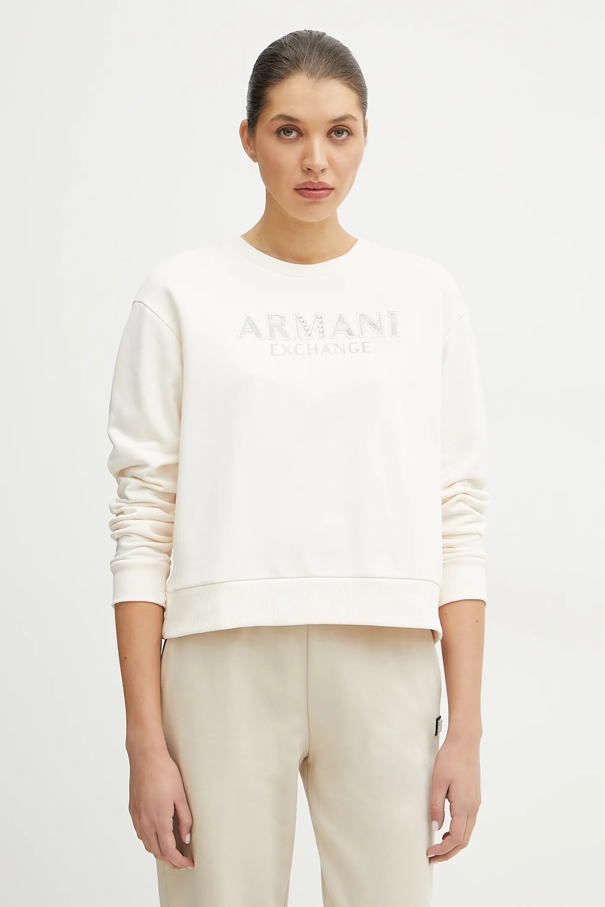 Armani Exchange hanorac de bumbac femei, culoarea bej, cu imprimeu, XW000159 AF11851