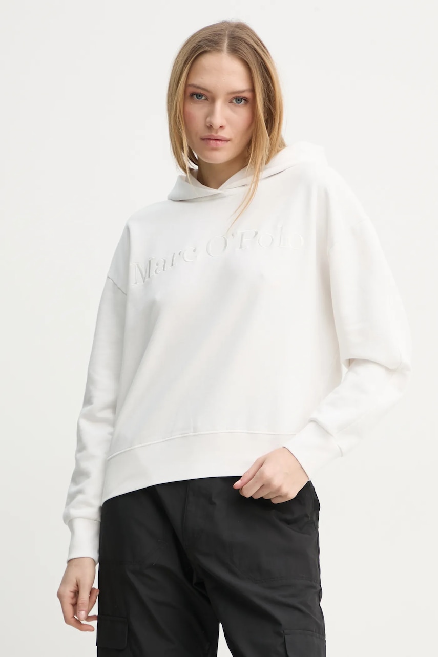 Marc O\'Polo hanorac de bumbac femei, culoarea alb, cu glugă, cu imprimeu, 502407354165
