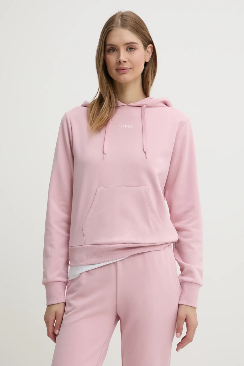 Levně Mikina Guess SOFIA dámská, růžová barva, s kapucí, hladká, O5RQ02 KCO31