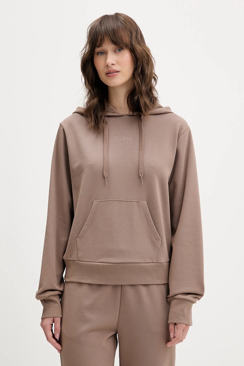 

Суичър Guess SOFIA в бежово с качулка с изчистен дизайн O5RQ02 KCO31, Кафяв