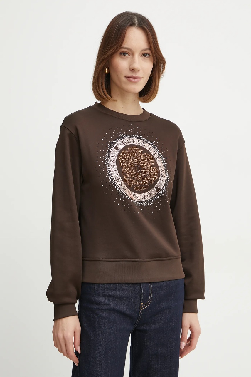 Levně Mikina Guess dámská, hnědá barva, s aplikací, W5RQ05 K7EX1