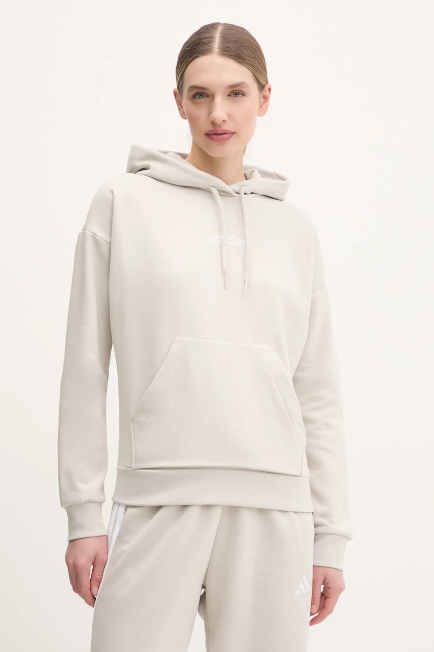 adidas bluza Essentials Linear femei, culoarea bej, cu glugă, neted, JG8652