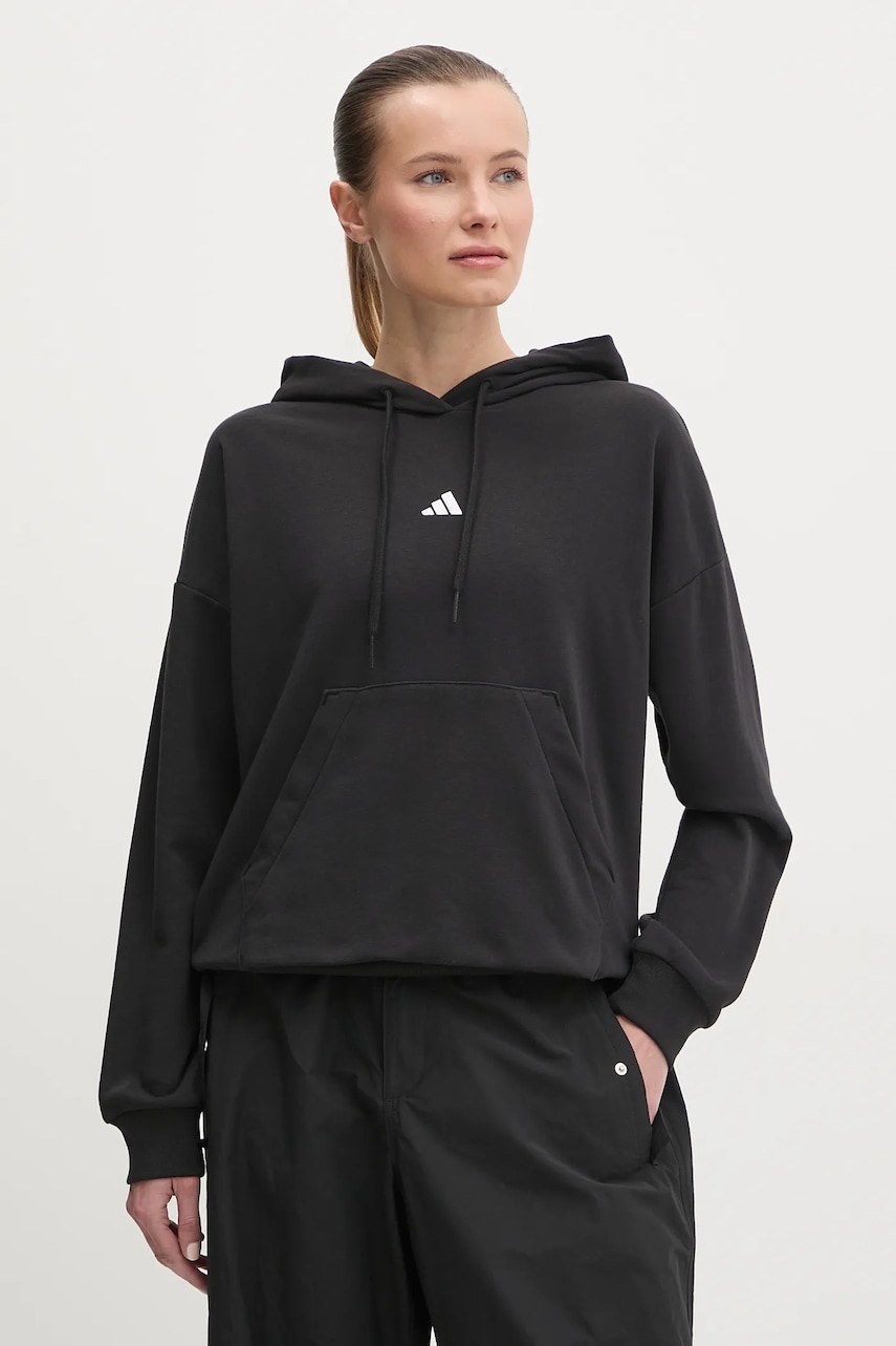adidas bluza Essentials femei, culoarea negru, cu glugă, cu imprimeu, JD7989