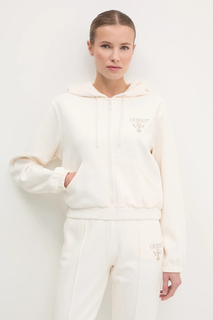 Mikina Guess ROBERTA dámská, béžová barva, s kapucí, s aplikací, V5RQ20 KC3D2