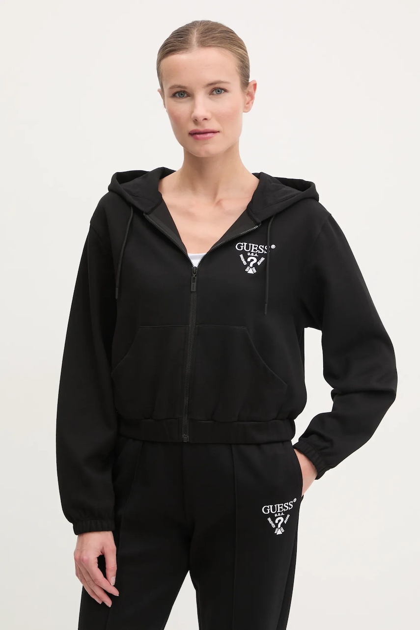 Mikina Guess ROBERTA dámská, černá barva, s kapucí, s aplikací, V5RQ20 KC3D2