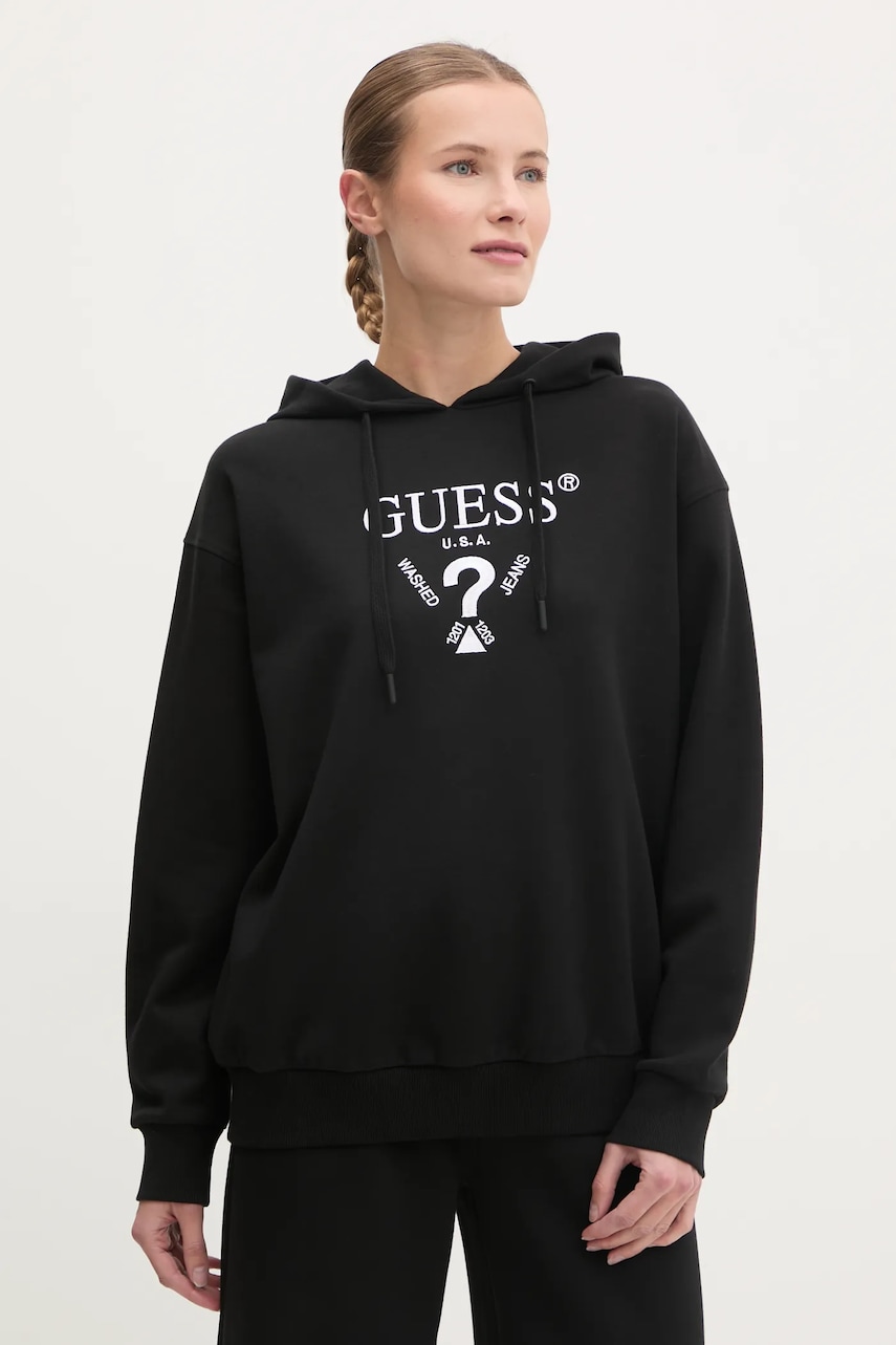 Mikina Guess ROBERTA dámská, černá barva, s kapucí, s aplikací, V5RQ11 KC3D2