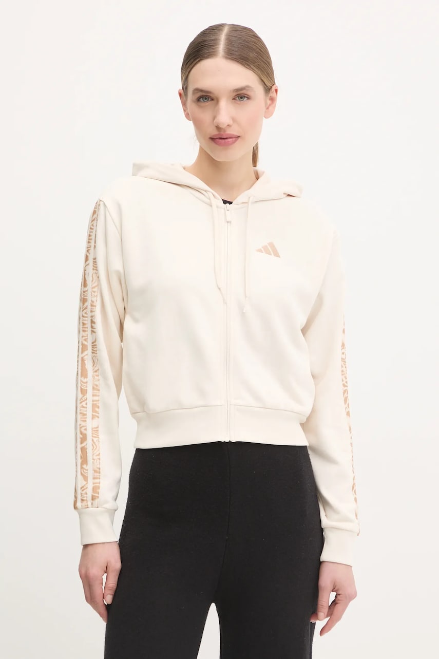 adidas bluza Essentials Animal femei, culoarea bej, cu glugă, modelator, JM1665 adidas bluza Essentials Animal femei, culoarea bej, cu glugă, modelator, JM1665
