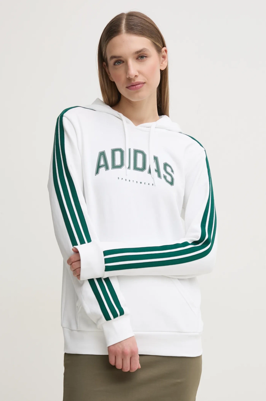 Dukserica adidas W L SOFTS Collegiate za žene, boja: bijela, s kapuljačom, s tiskom, JV9149