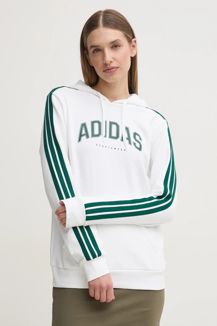 adidas bluza W L SOFTS Collegiate femei, culoarea alb, cu glugă, cu imprimeu, JV9149 adidas bluza W L SOFTS Collegiate femei, culoarea alb, cu glugă, cu imprimeu, JV9149
