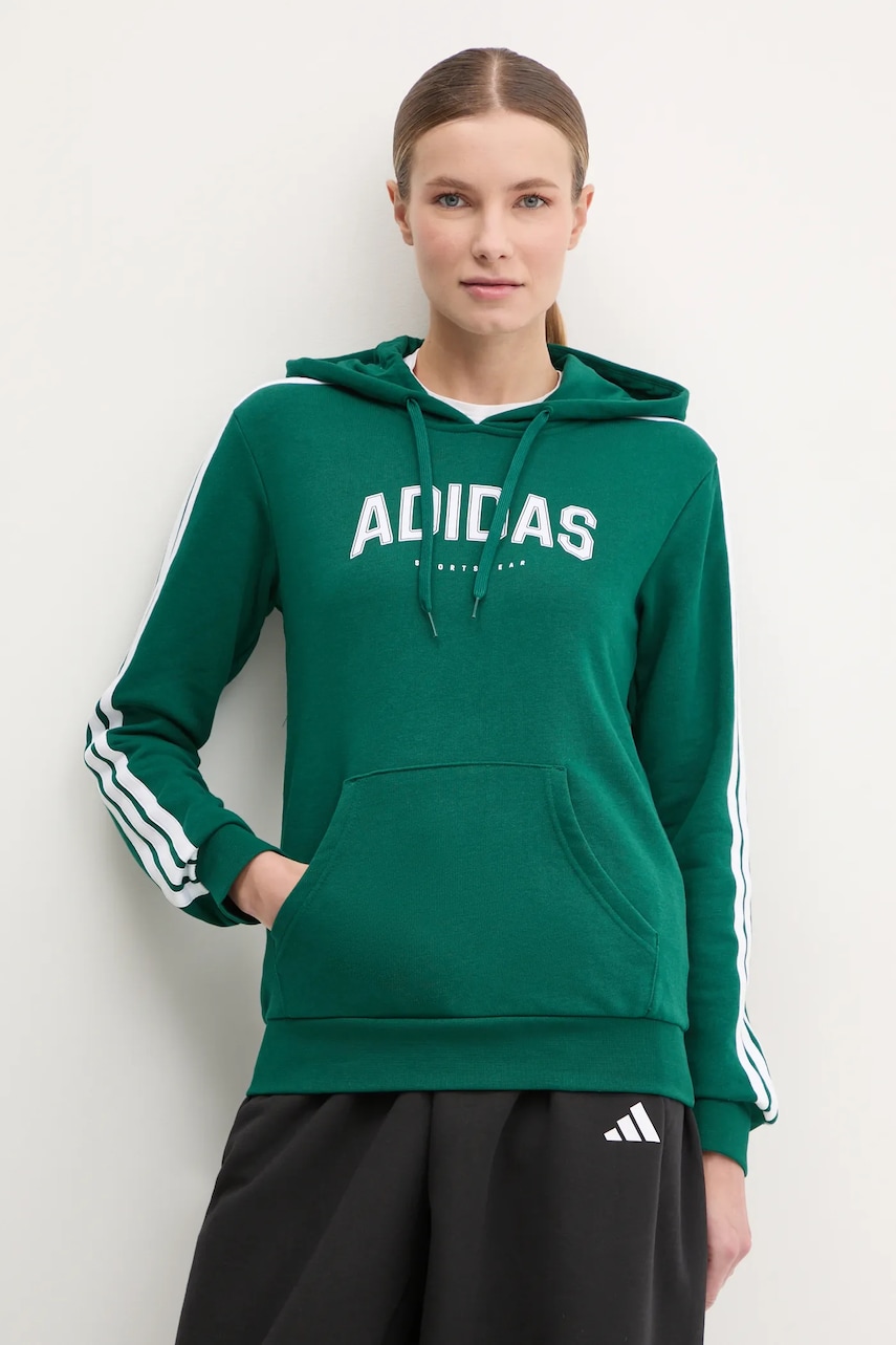 adidas bluză W L SOFTS Collegiate femei, culoarea verde, cu glugă, cu imprimeu, JV9154 adidas bluză W L SOFTS Collegiate femei, culoarea verde, cu glugă, cu imprimeu, JV9154