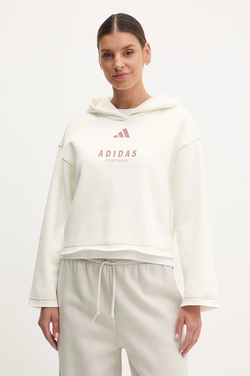 adidas bluza ALL SZN Graphic femei, culoarea bej, cu glugă, cu imprimeu, JJ4517 adidas bluza ALL SZN Graphic femei, culoarea bej, cu glugă, cu imprimeu, JJ4517