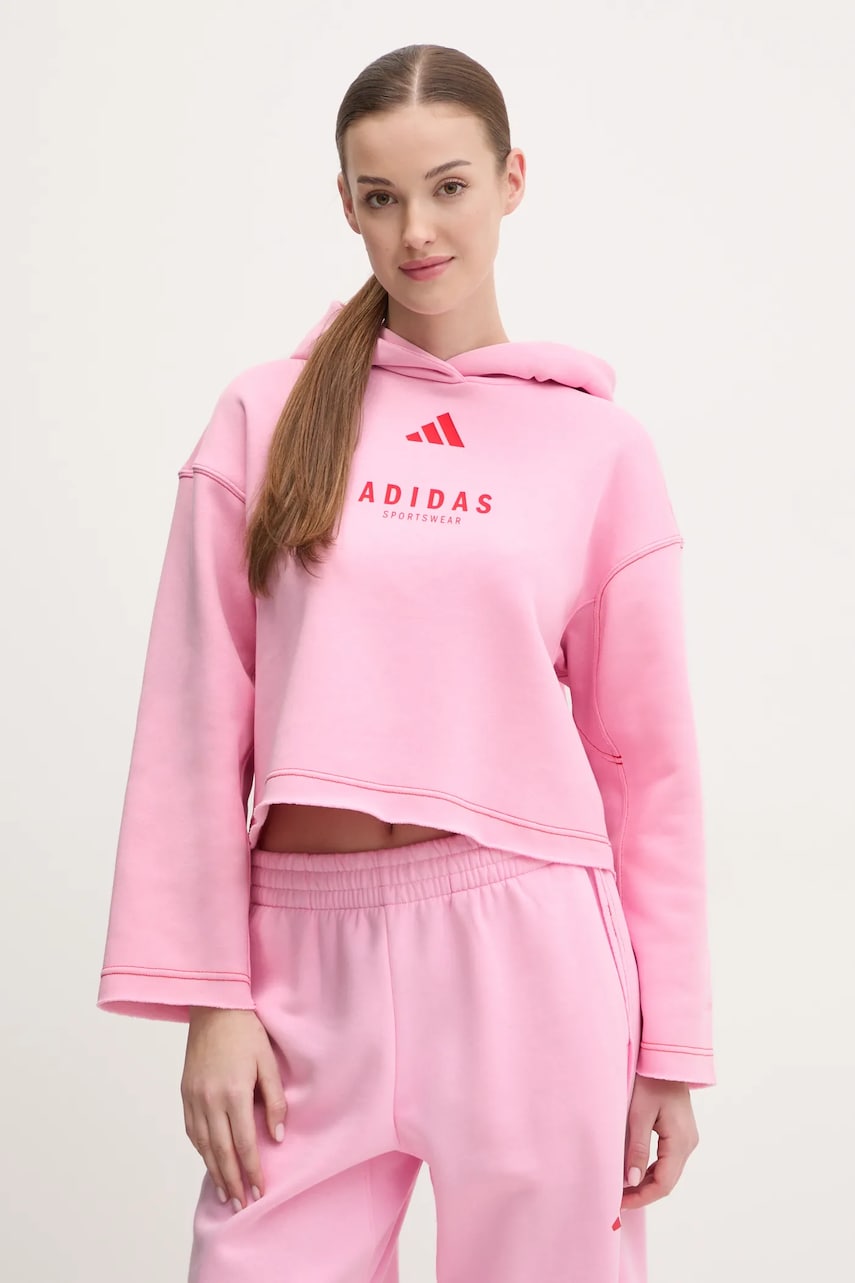 adidas bluza ALL SZN Graphic femei, culoarea roz, cu glugă, cu imprimeu, JJ4519 adidas bluza ALL SZN Graphic femei, culoarea roz, cu glugă, cu imprimeu, JJ4519