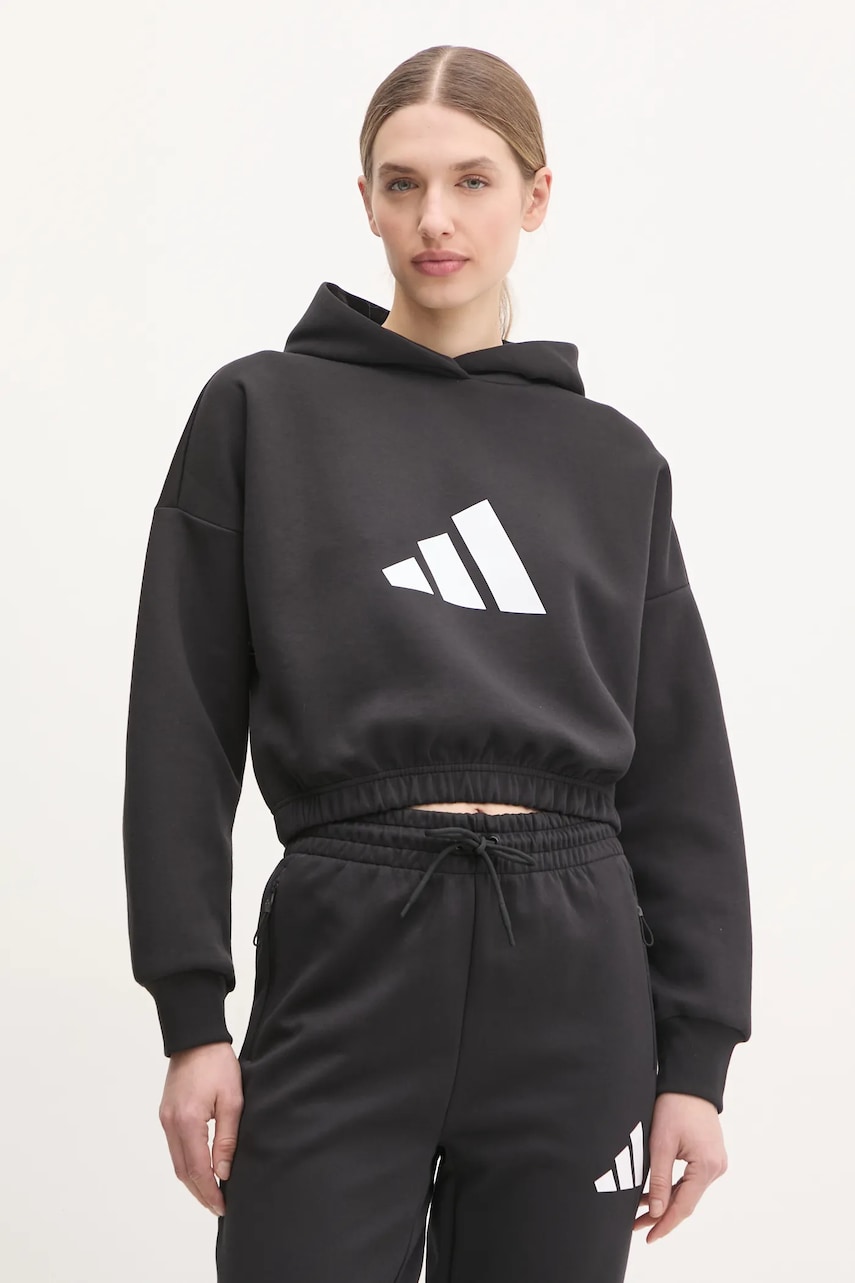 adidas bluza Future Icons femei, culoarea negru, cu glugă, cu imprimeu, JE0136 adidas bluza Future Icons femei, culoarea negru, cu glugă, cu imprimeu, JE0136