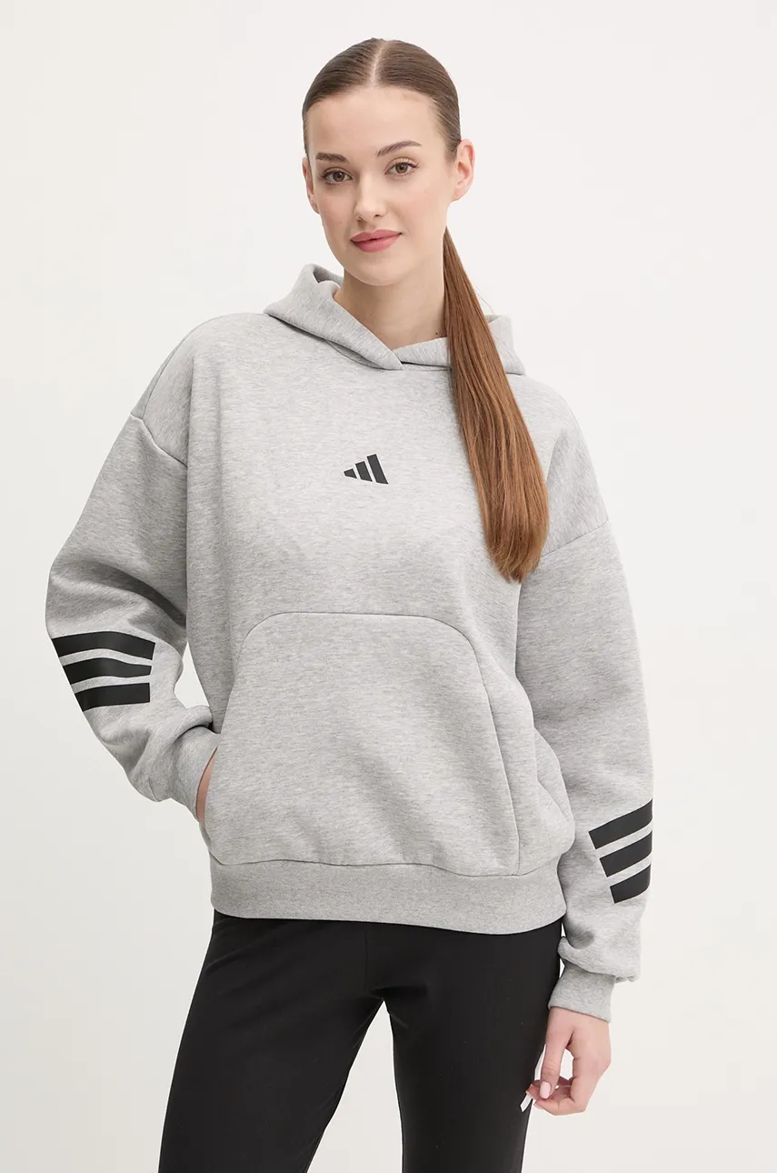 adidas bluza Future Icons femei, culoarea gri, cu glugă, cu imprimeu, JE0181