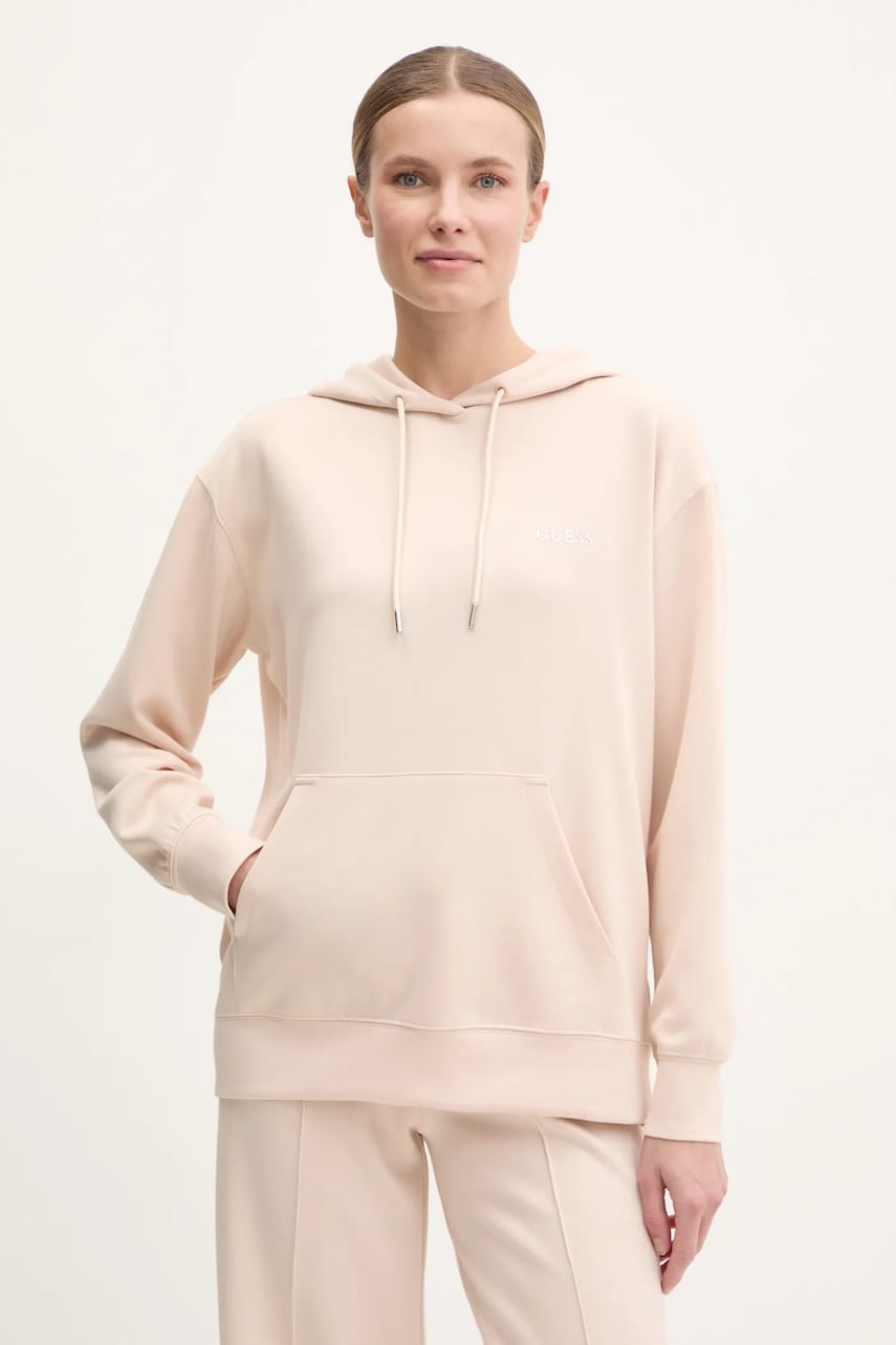 Levně Mikina Guess GELSEY dámská, béžová barva, s kapucí, hladká, V5RQ18 KCOB2