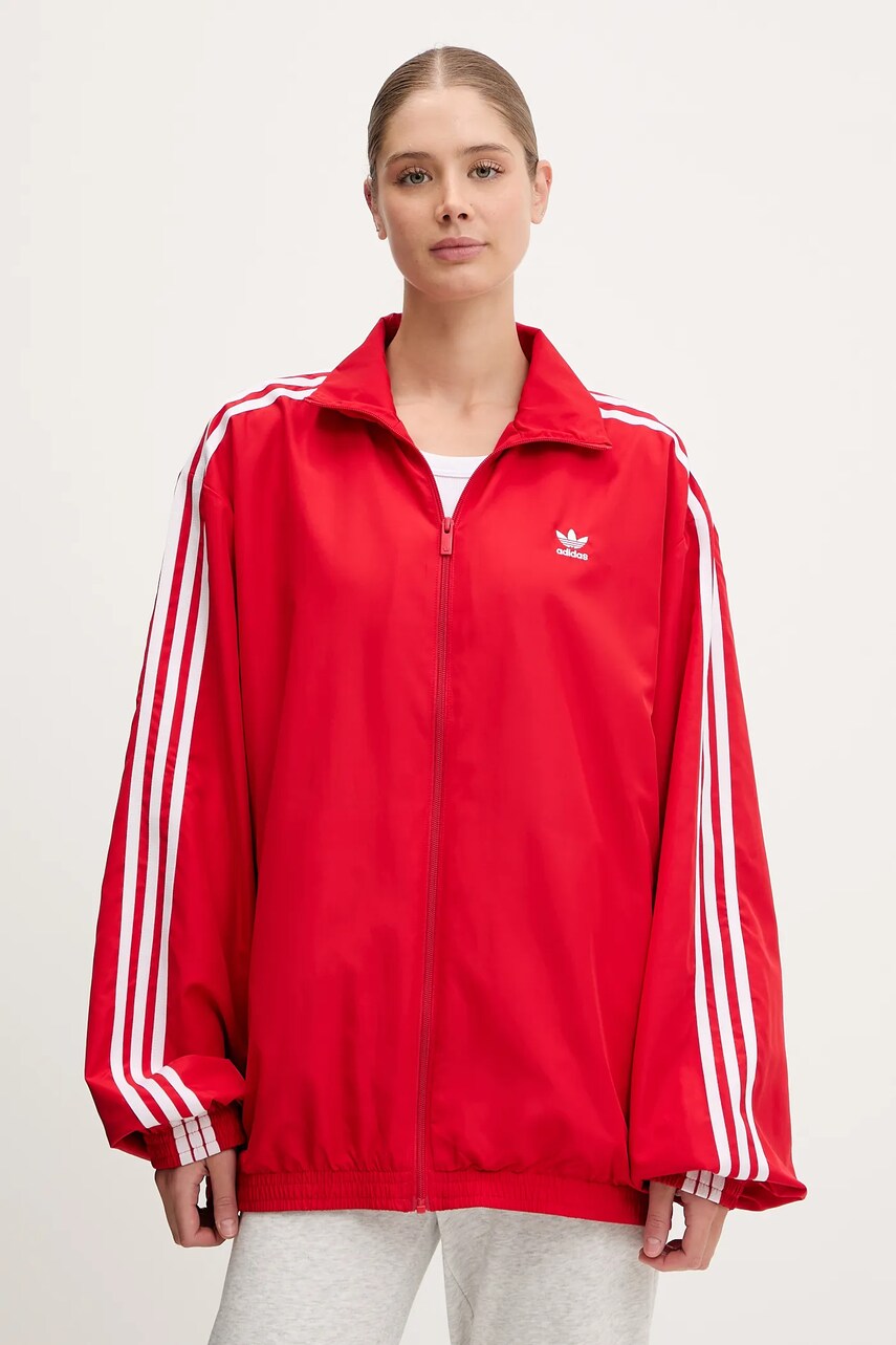 adidas Originals bluză Oversized Tracktop femei, culoarea roșu, cu imprimeu, JD3393
