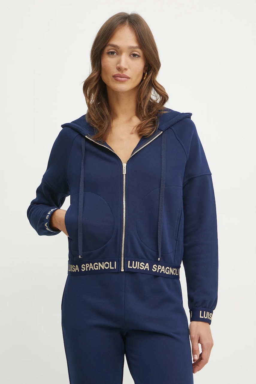 Luisa Spagnoli bluza femei, culoarea albastru marin, cu glugă, neted, 541853 Luisa Spagnoli bluza femei, culoarea albastru marin, cu glugă, neted, 541853