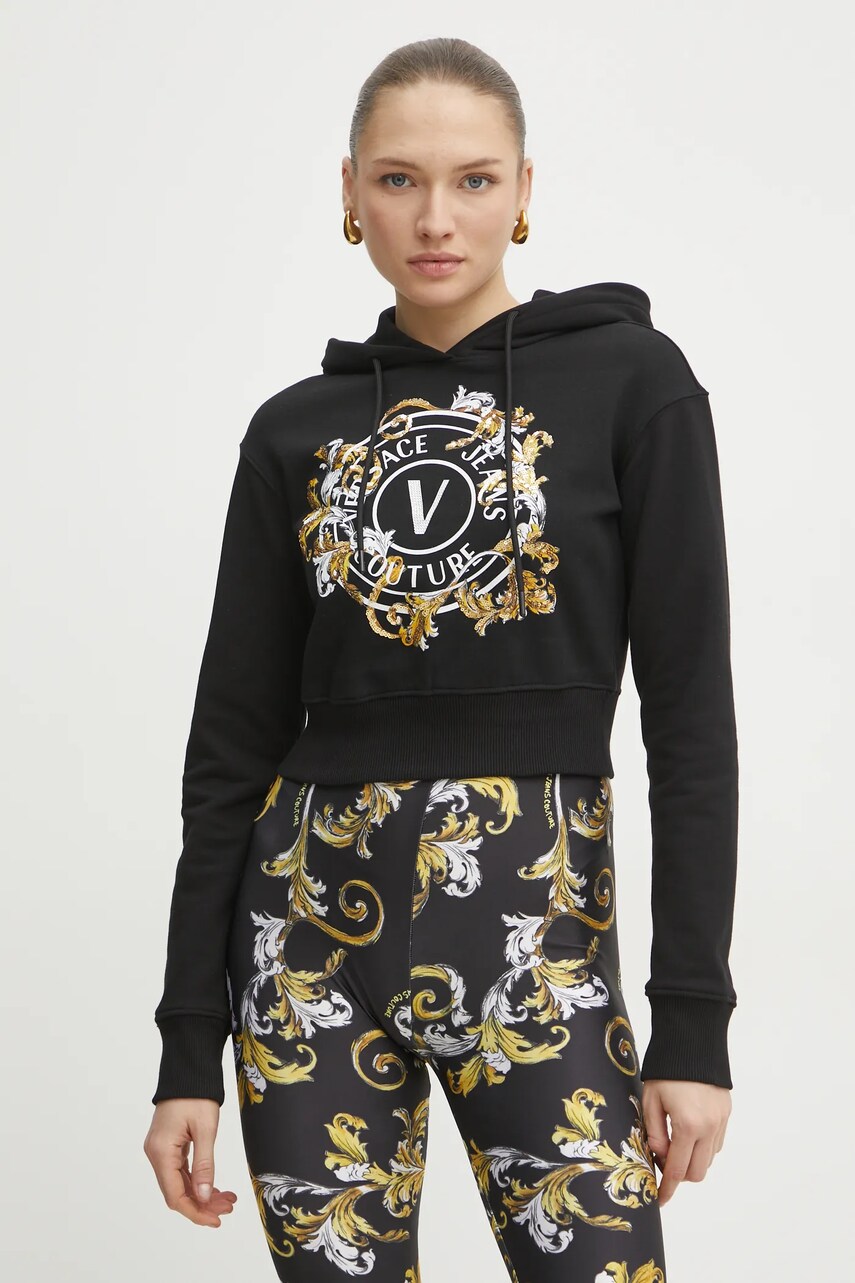 Levně Mikina Versace Jeans Couture dámská, černá barva, s kapucí, s potiskem, 78HAIC01 CF00C