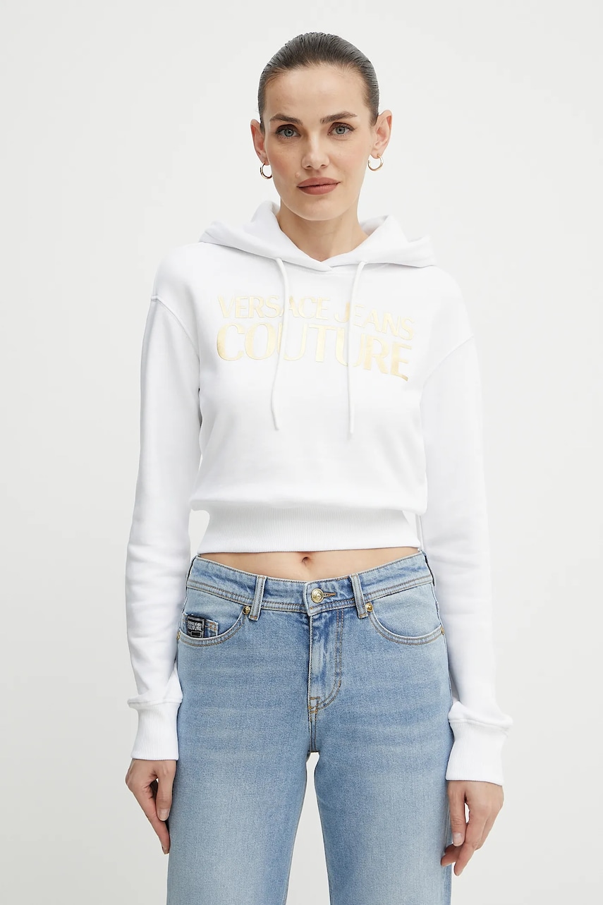 Versace Jeans Couture hanorac de bumbac femei, culoarea alb, cu glugă, cu imprimeu, 78HAIT01 CF01T Versace Jeans Couture hanorac de bumbac femei, culoarea alb, cu glugă, cu imprimeu, 78HAIT01 CF01T