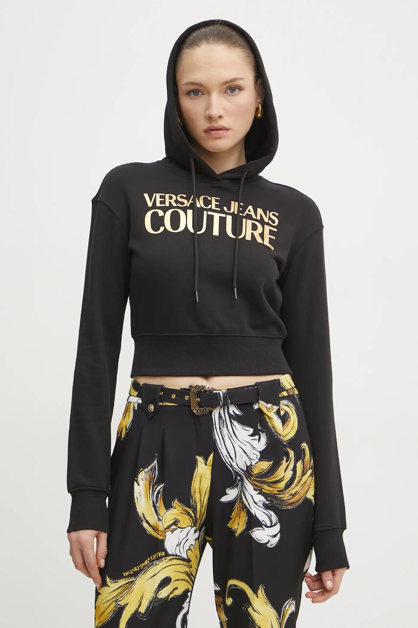 Versace Jeans Couture hanorac de bumbac femei, culoarea negru, cu glugă, cu imprimeu, 78HAIT01 CF01T