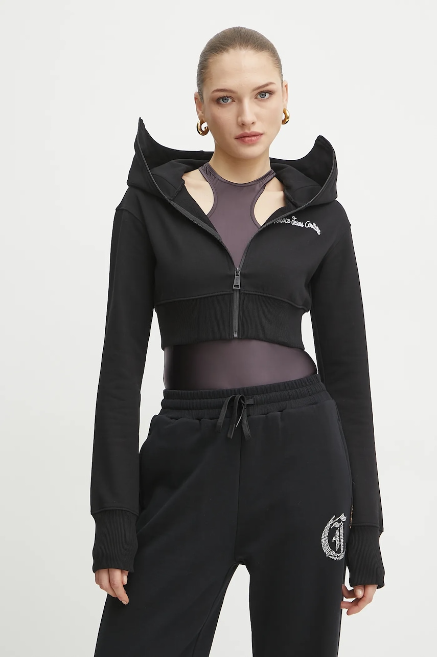 Versace Jeans Couture hanorac de bumbac femei, culoarea negru, cu glugă, cu imprimeu, 78HAIC08 CF00C