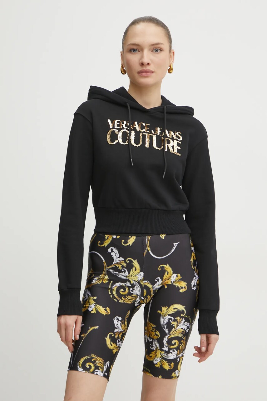 Levně Bavlněná mikina Versace Jeans Couture dámská, černá barva, s kapucí, s aplikací, 78HAIE00 CF00E