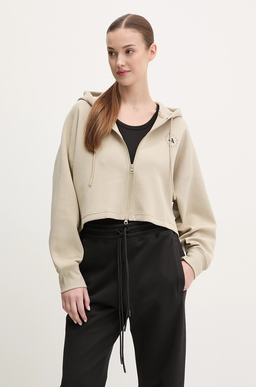 adidas by Stella McCartney bluză trening culoarea bej, cu glugă, cu imprimeu, JJ0143