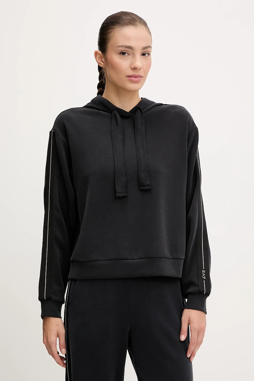 Levně Mikina EA7 Emporio Armani dámská, černá barva, s kapucí, s aplikací, AF12643.7W000172