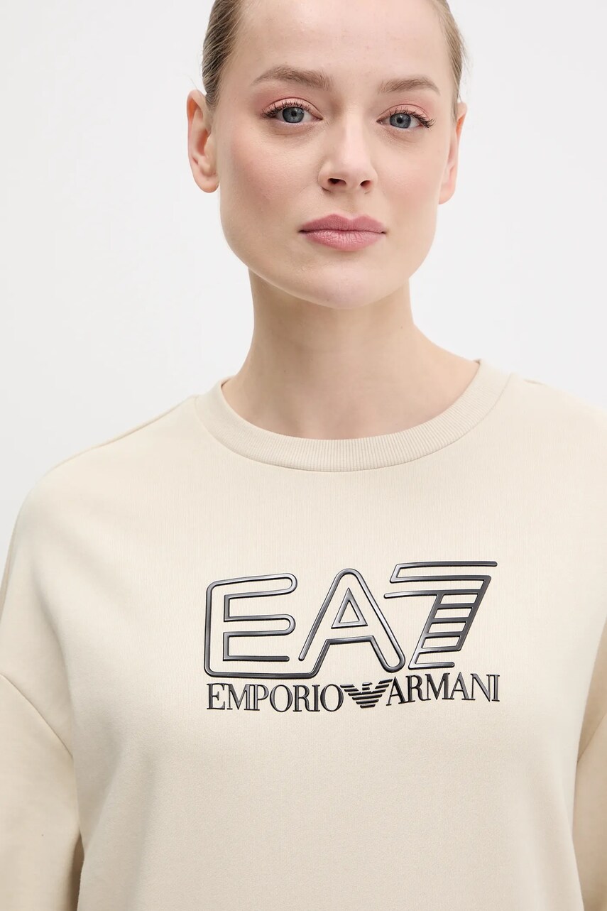 Levně Mikina EA7 Emporio Armani dámská, béžová barva, s potiskem, AF12473.7W000099