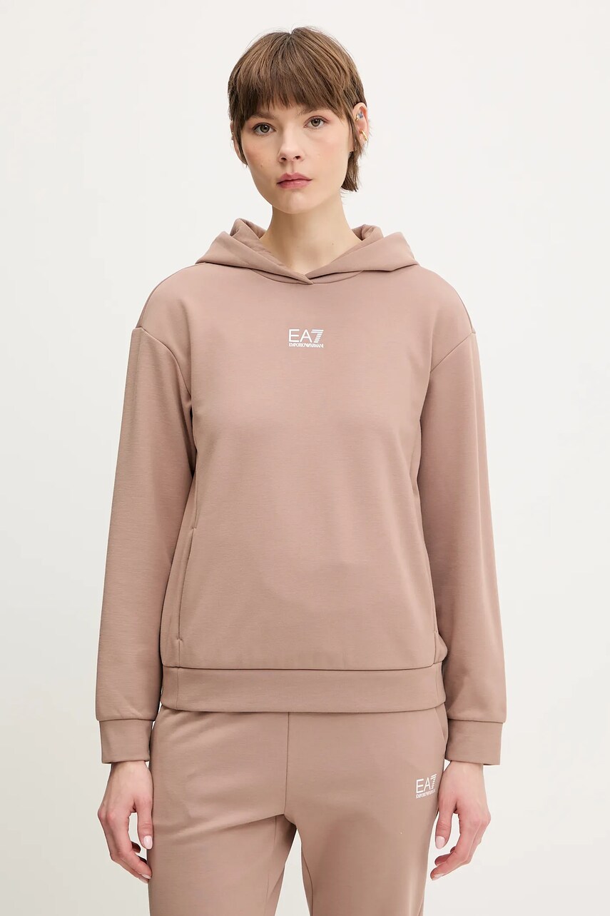 Levně Mikina EA7 Emporio Armani dámská, hnědá barva, s kapucí, s potiskem, AF10443.7W000074