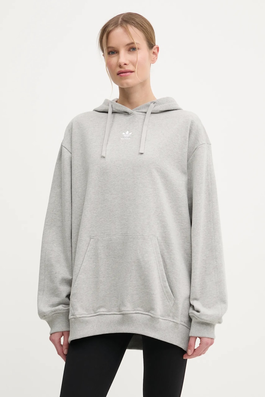 adidas Originals hanorac de bumbac Essential femei, culoarea gri, cu glugă, cu imprimeu, IY9616 adidas Originals hanorac de bumbac Essential femei, culoarea gri, cu glugă, cu imprimeu, IY9616