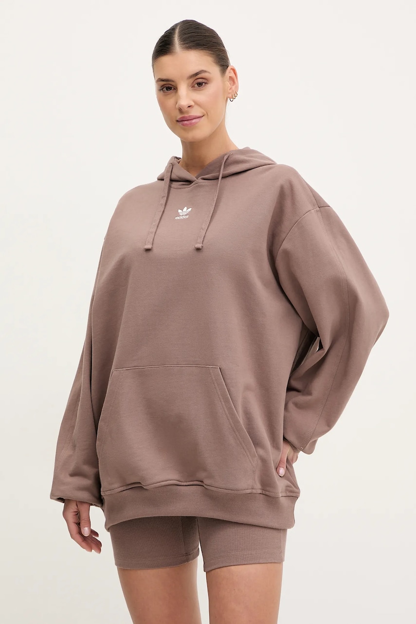 adidas Originals hanorac de bumbac Essential femei, culoarea maro, cu glugă, neted, JC8981 adidas Originals hanorac de bumbac Essential femei, culoarea maro, cu glugă, neted, JC8981