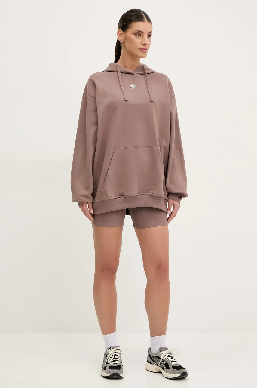 Хлопковая кофта adidas Originals Essential женская цвет коричневый с капюшоном однотонная JC8981 Хлопковая кофта adidas Originals Essential женская цвет коричневый с капюшоном однотонная JC8981