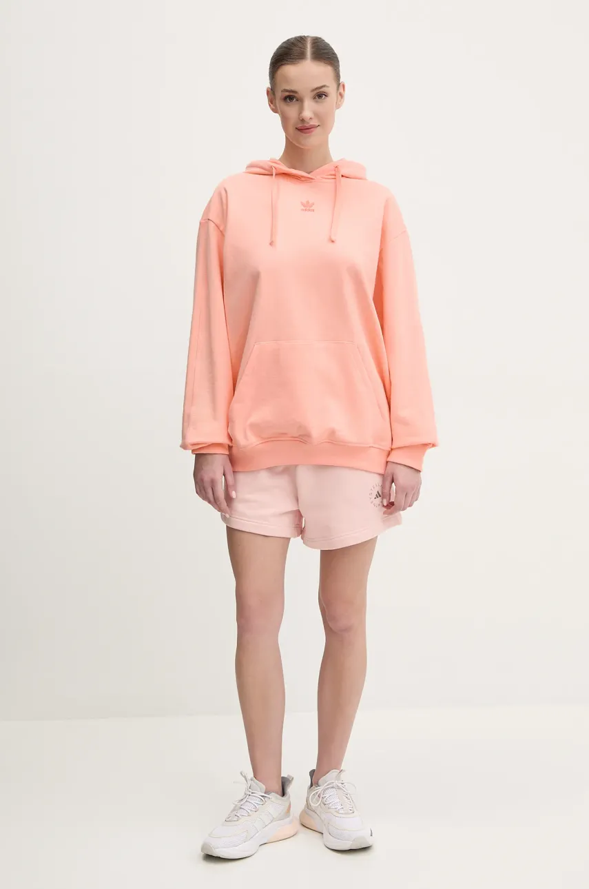 Хлопковая кофта adidas Originals Essential женская цвет оранжевый с капюшоном однотонная JJ3499 Хлопковая кофта adidas Originals Essential женская цвет оранжевый с капюшоном однотонная JJ3499