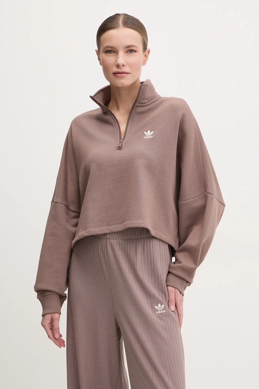 adidas Originals hanorac de bumbac Essential femei, culoarea maro, uni, JD0922 adidas Originals hanorac de bumbac Essential femei, culoarea maro, uni, JD0922