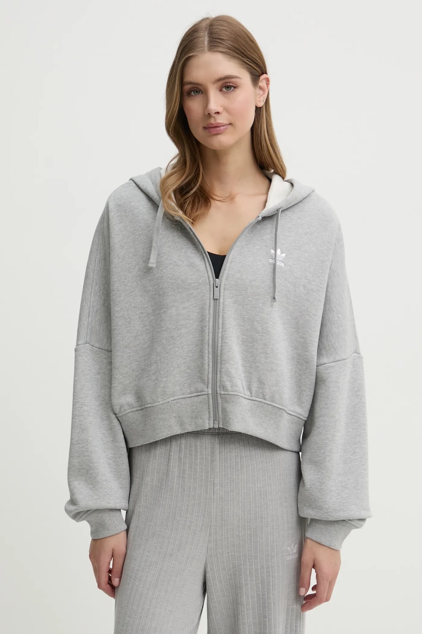 adidas Originals hanorac de bumbac Essential femei, culoarea gri, cu glugă, melanj, JN7844 adidas Originals hanorac de bumbac Essential femei, culoarea gri, cu glugă, melanj, JN7844