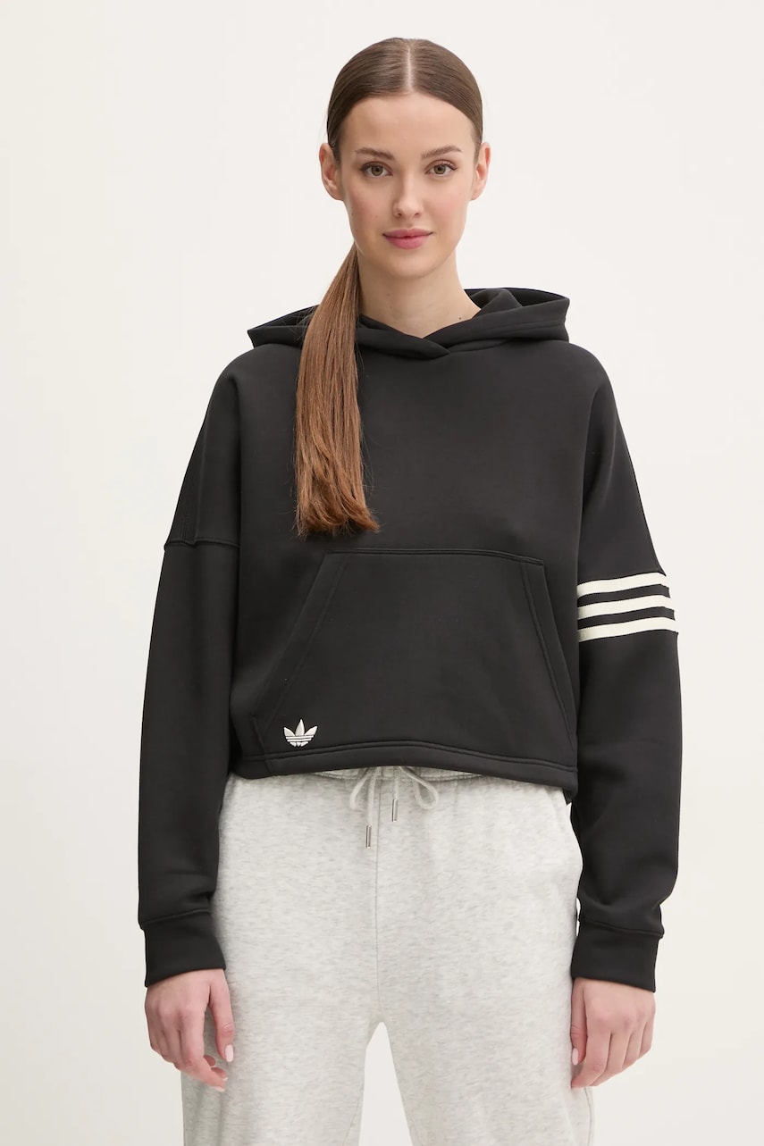 adidas Originals bluza Neuclassics femei, culoarea negru, cu glugă, cu imprimeu, JI8500 adidas Originals bluza Neuclassics femei, culoarea negru, cu glugă, cu imprimeu, JI8500
